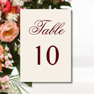 Burgundy Text Ivory Old Money Budget Wedding Table Number