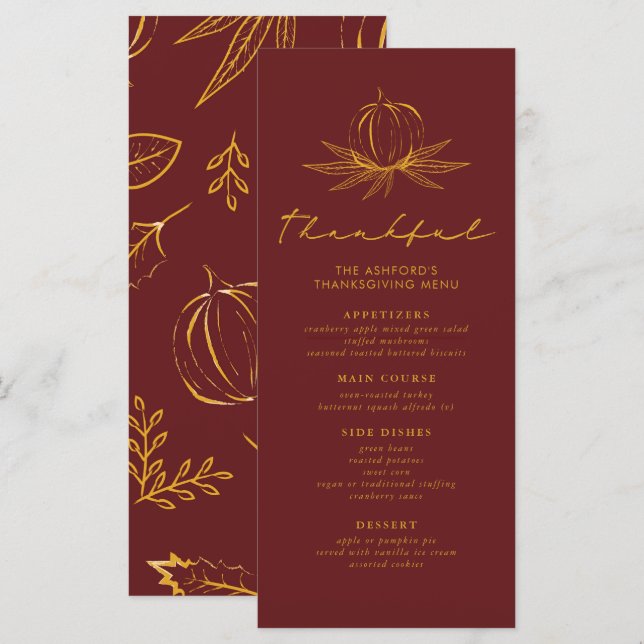 Burgundy Thankful Pumpkins & Leaves Thanksgiving Menu (Front/Back)