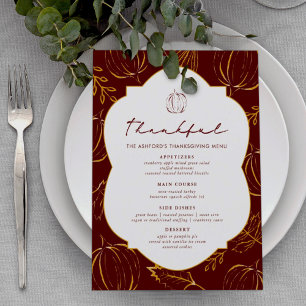 Burgundy Thankful Pumpkins & Leaves Thanksgiving Menu