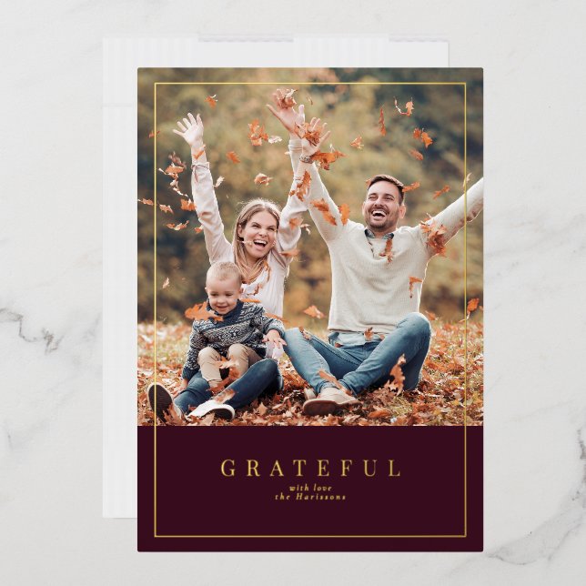 Burgundy Thanksgiving framed family photo  Foil Holiday Card (Envelope)
