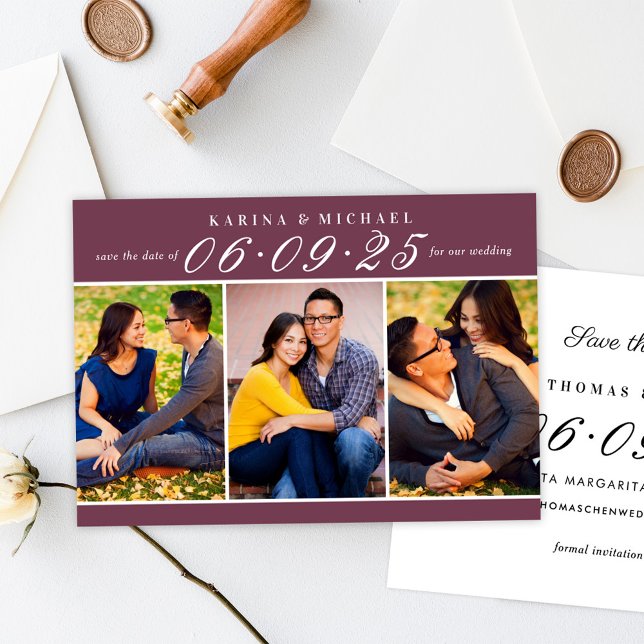 Burgundy Three Photo Collage Wedding Save The Date (Creator Uploaded)