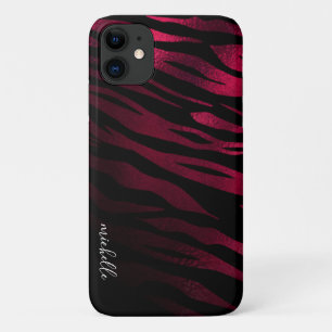 Burgundy Tiger Stripes Personalised Monogram iPhone 11 Case