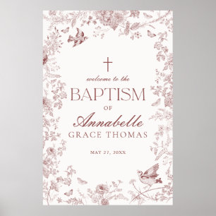 Burgundy Toile De Jouy Floral Baptism Welcome Sign