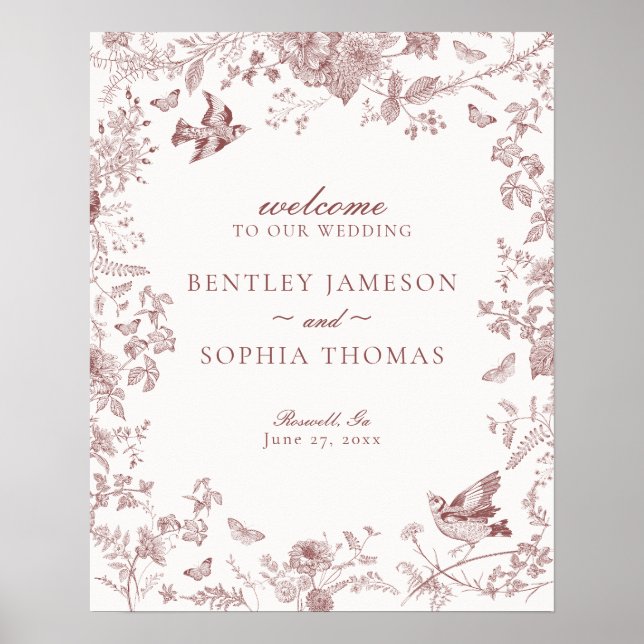 Burgundy Toile De Jouy Floral Wedding Welcome Sign (Front)