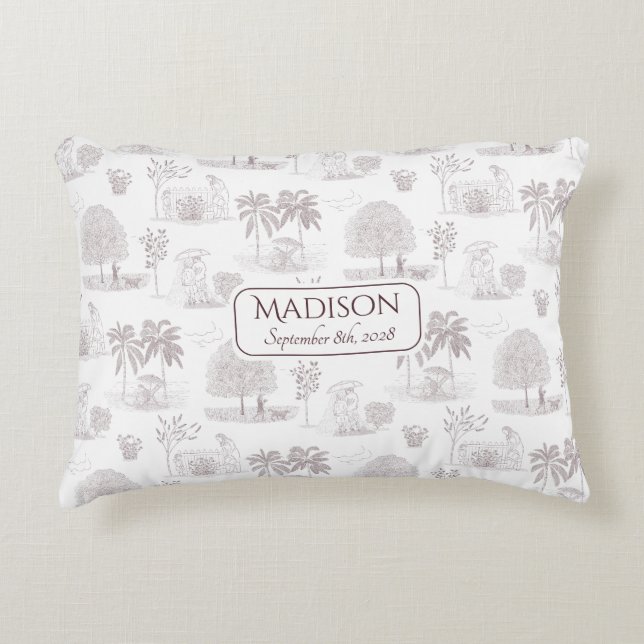 Burgundy Toile de Jouy Name Birth Date Baby Decorative Cushion (Front)