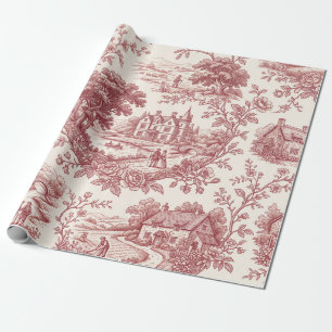 Burgundy Toile de Jouy Romantic Countryside Estate Wrapping Paper