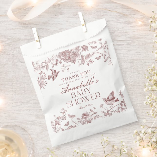 Burgundy Toile Floral Baby Shower Dessert Favour Bag (Clipped)