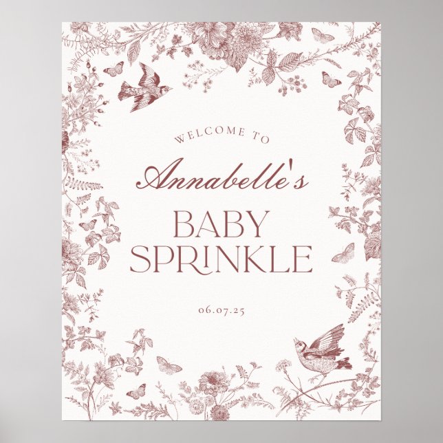 Burgundy Toile Floral Baby Sprinkle Welcome Sign (Front)