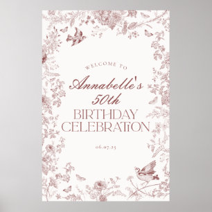 Burgundy Toile Floral Birthday Party Welcome Sign