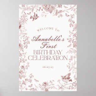 Burgundy Toile Floral Birthday Party Welcome Sign