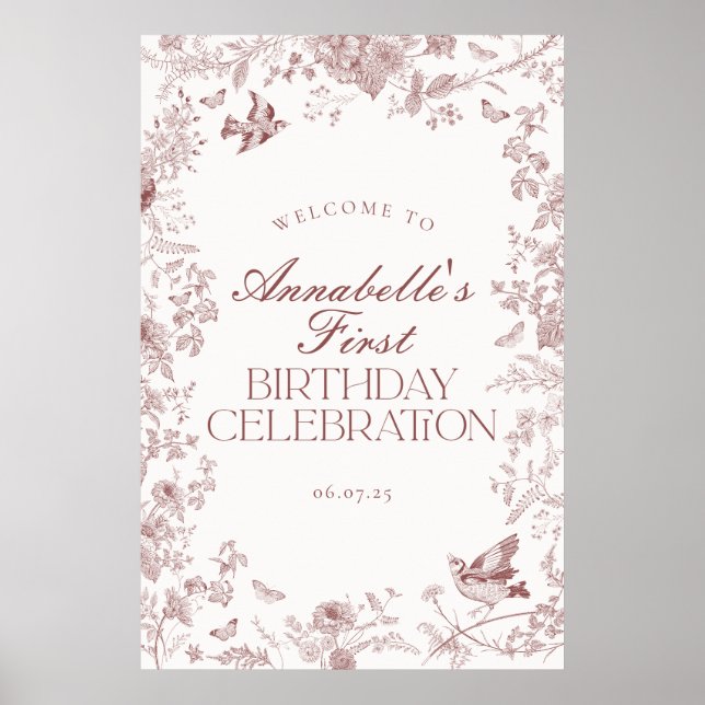 Burgundy Toile Floral Birthday Party Welcome Sign (Front)