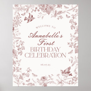 Burgundy Toile Floral Birthday Party Welcome Sign