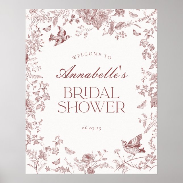 Burgundy Toile Floral Bridal Shower Welcome Sign (Front)