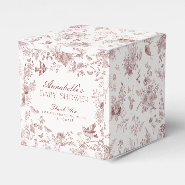 Burgundy Toile Jouy Floral Baby Shower Favour Boxe Box (Front Side)