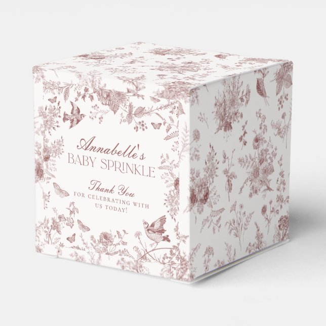 Burgundy Toile Jouy Floral Baby Sprinkle Favour Bo Box (Back Side)
