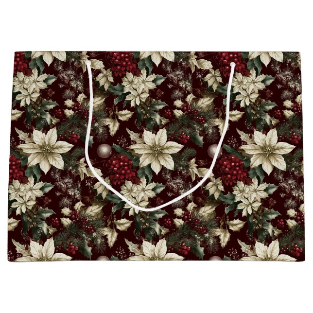 Burgundy Traditional Christmas Floral Large Gift Bag (Front)