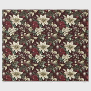 Burgundy Traditional Christmas Floral Wrapping Paper
