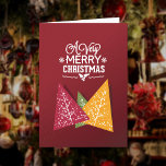 Burgundy Tri-Colour Christmas Trees Holiday Card<br><div class="desc">Simple red background for white typography text with snowflakes and holly.  Three different size triangles in yellow,  red and green with white tree branches and scattered white elements to create a leaf effect.</div>