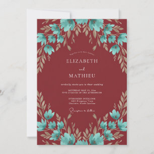 Burgundy Turquoise Foliage Eucalyptus Wedding Invitation