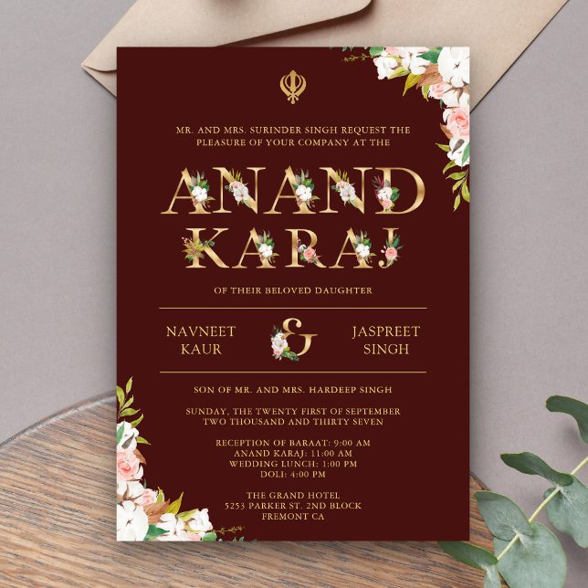 Burgundy Typography Anand Karaj Sikh Wedding Invitation (Creator Uploaded)
