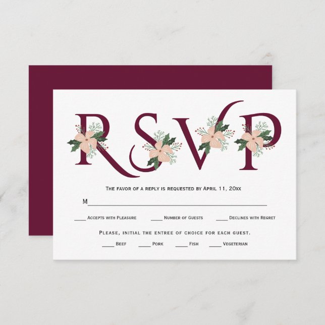 Burgundy typography and white flower RSVP card (Front/Back)