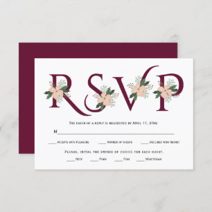 Burgundy typography and white flower RSVP card