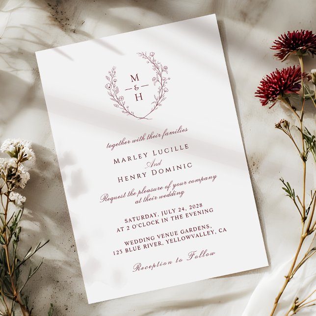 Burgundy Typography Wildflower Monogram Wedding Invitation (Creator Uploaded)