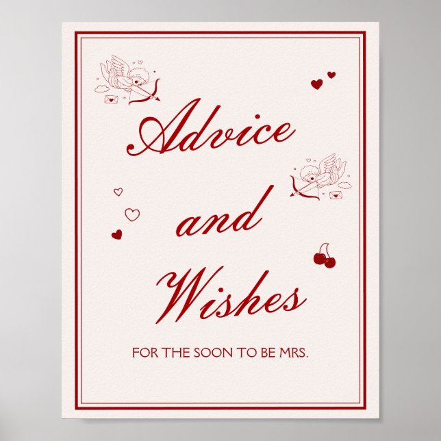 Burgundy Valentine Bridal Shower Advice and Wishes Poster (Front)