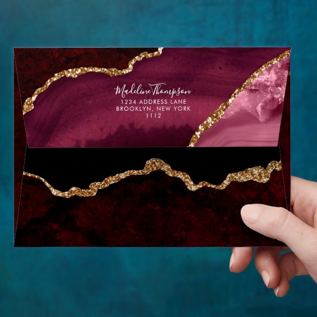 Burgundy Velvet Agate Geode Script Address Envelope (Hand)