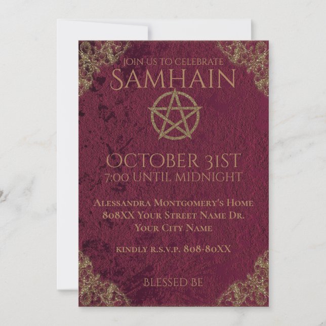 Burgundy Velvet and Pentagram Samhain Celebration Invitation (Front)