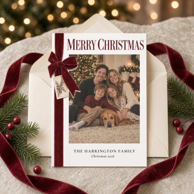 Burgundy Velvet Bow Family Photo Merry Christmas  Holiday Card (Creator Uploaded)