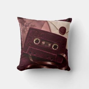 Burgundy Velvet Cassette Romantic Vintage Letters Cushion