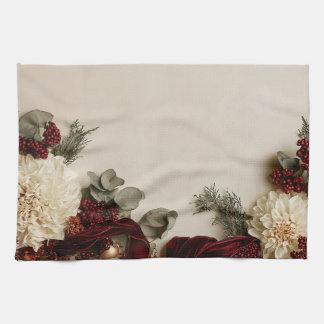 Burgundy Velvet Dahlia Christmas Floral Kitchen Tea Towel
