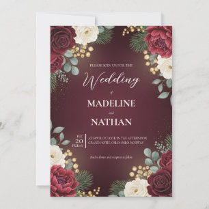 Burgundy Velvet Floral Christmas Wedding Invitation