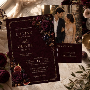 Burgundy Velvet Gold Floral QR Code Wedding Invitation