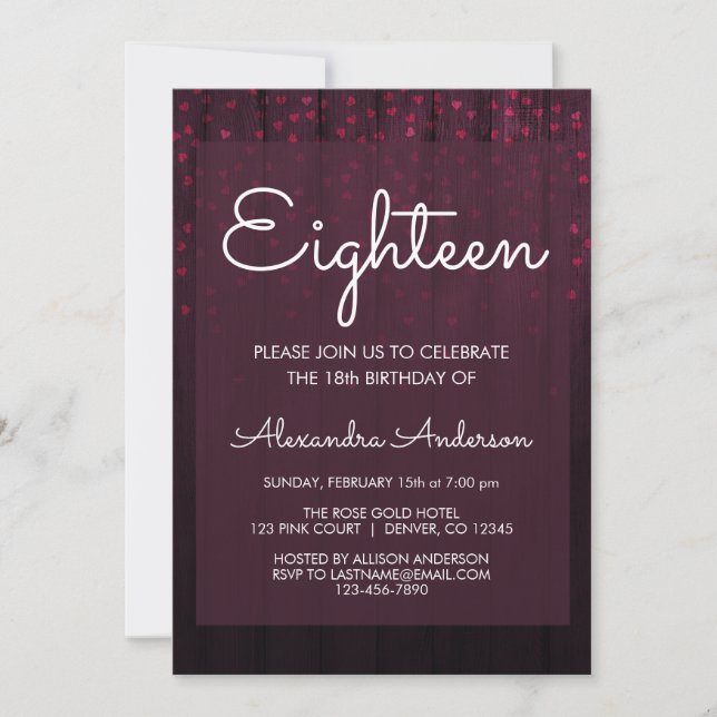 Burgundy Velvet Hearts 18th Birthday Party Invitation (Front)