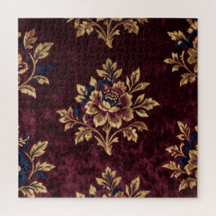 Burgundy Velvet Peony Gold Embroidery Floral  Jigsaw Puzzle
