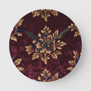 Burgundy Velvet Peony Gold Embroidery Floral  Round Clock
