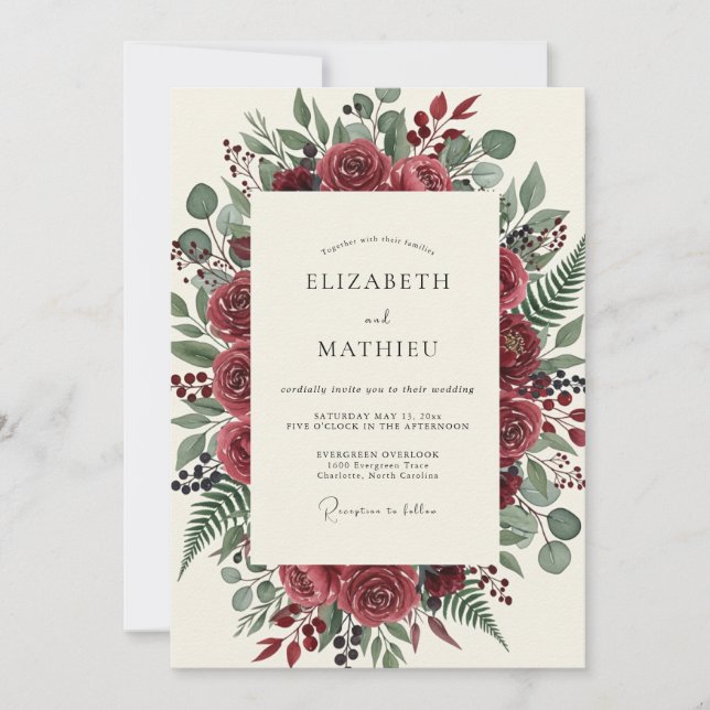 Burgundy Verdant Bloom Wedding Invitation (Front)