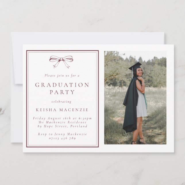 Burgundy Vintage Bow Photo Graduation Party Invitation (Front)