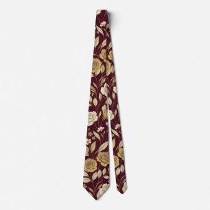 Burgundy Vintage Golden Floral Pattern Tie
