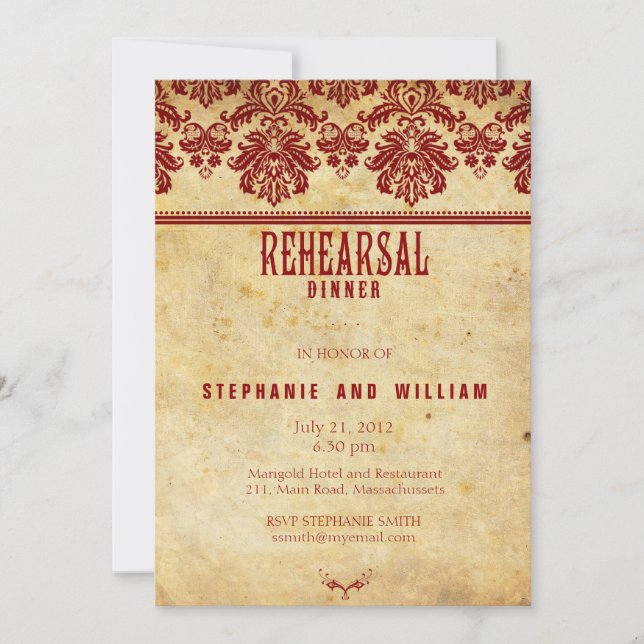 Burgundy Vintage Lace Rehearsal Dinner Card (Front)