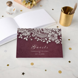 Burgundy vintage lace rustic wedding guest book