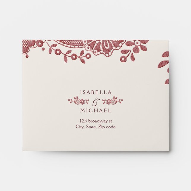 Burgundy vintage lace rustic wedding RSVP Envelope (Front)