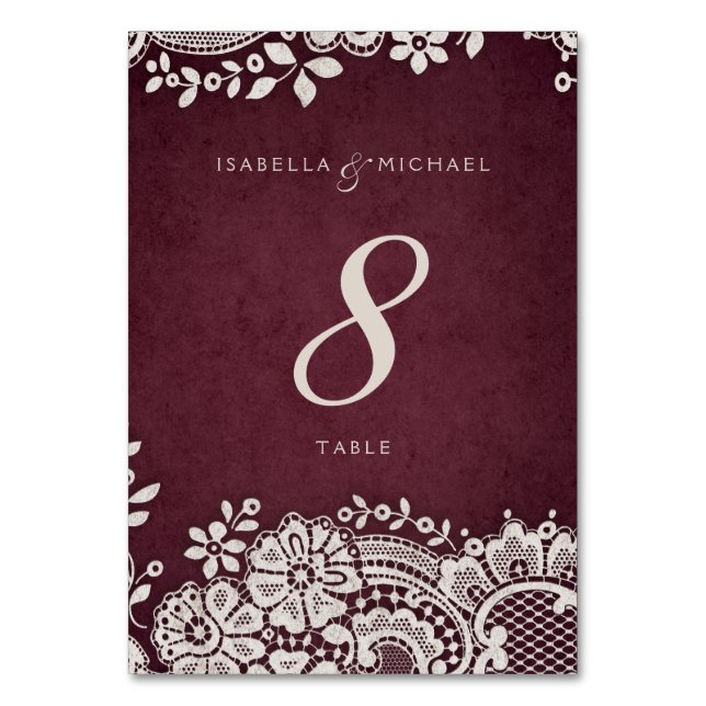 Burgundy vintage lace rustic wedding table card (Front)