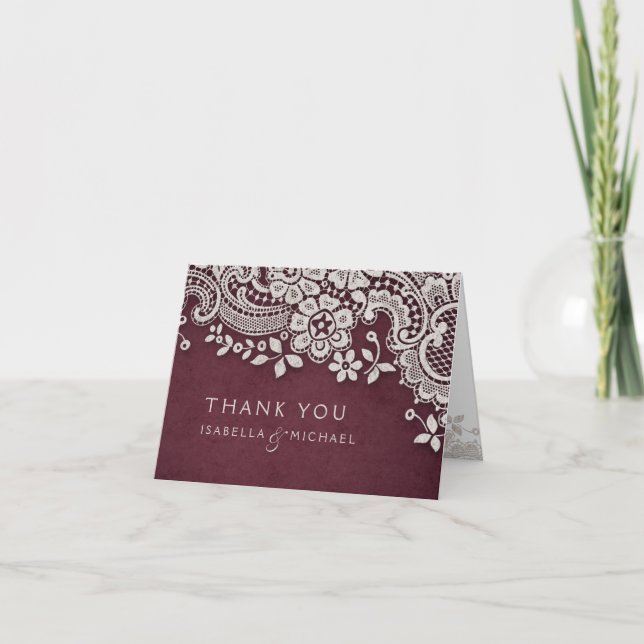Burgundy vintage lace rustic weddng thank you card (Front)