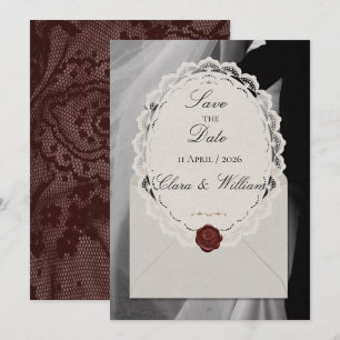 Burgundy Vintage Lace Wax Seal Photo Save the Date