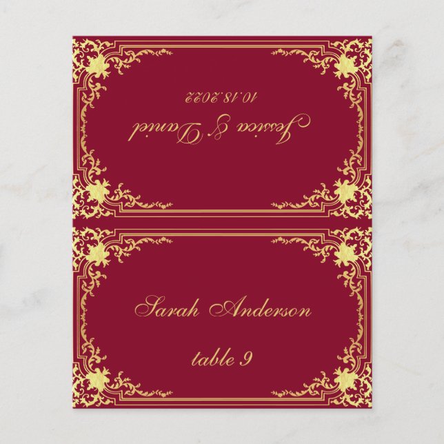 Burgundy Vintage Printed Name Wedding Place Card (Front)