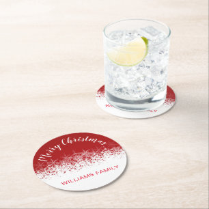 Burgundy vintage snowflake merry christmas round paper coaster