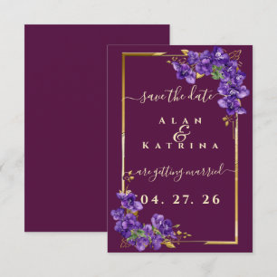 Burgundy Violet Floral Gold Frame Elegant Wedding  Save The Date